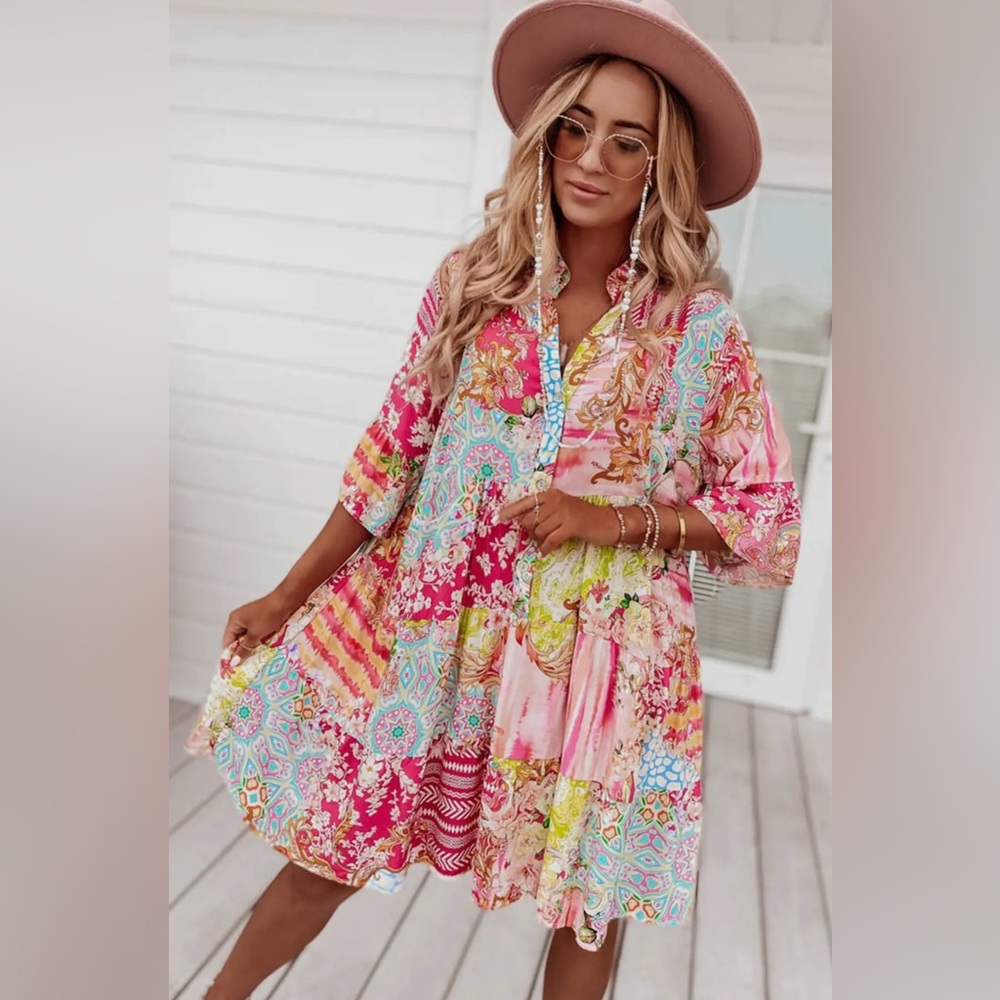 Pink and Blue Boho Print Tiered Sundress